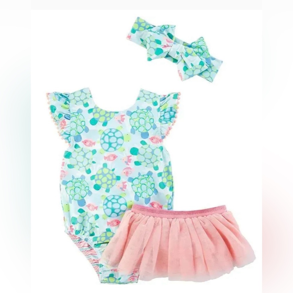 Turtle Swimsuit / 6-9 months / includes tutu & bow 🐢🎀 (Reversible with s…